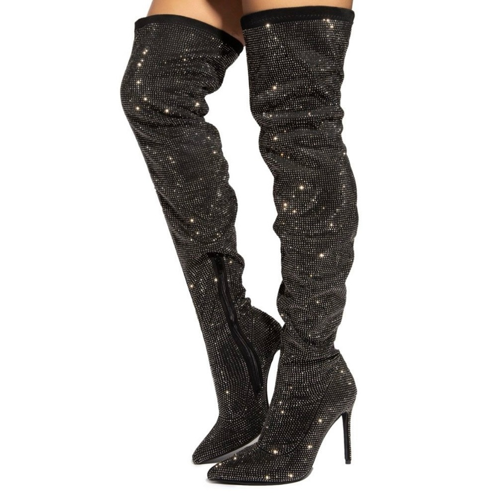 Elegant Black Over-the-Knee Rhinestone Boots SZ 8 Super Sparkly!